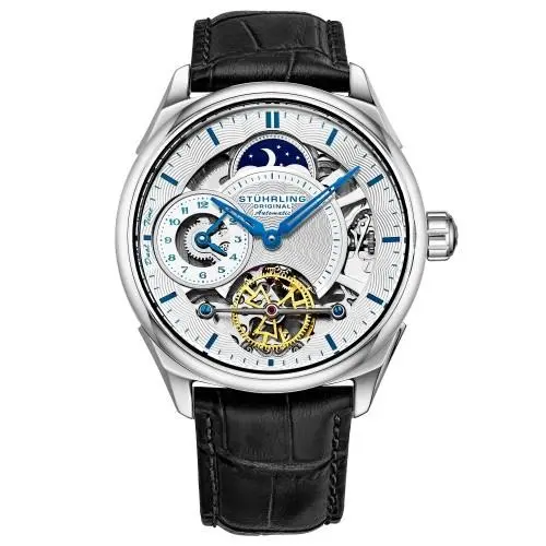 Stuhrling 943A 01 Dual Time AM PM Automatic Skeleton Black Leather Mens Watch by Stührling