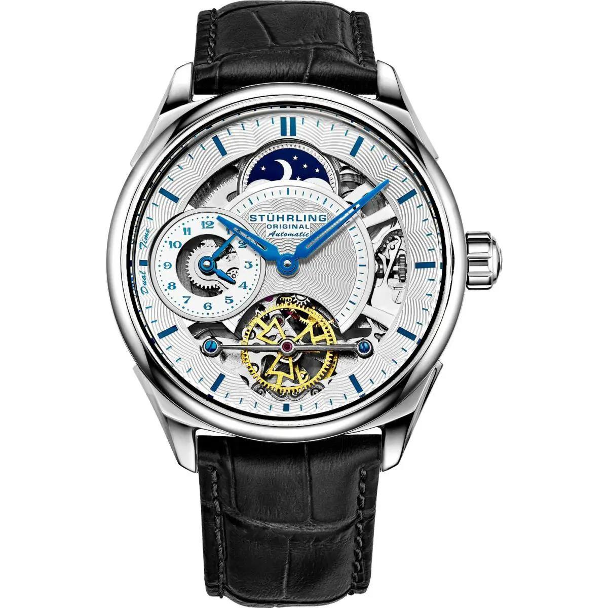 Stuhrling Men`s Skeleton Dual Time Silver Case AM PM Blue Leather Strap Watch