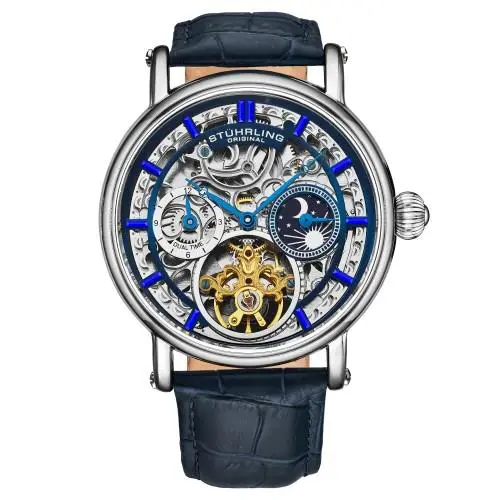 Stuhrling 4000 1 Legacy Automatic Dual Time Skeleton Am/pm Leather Mens Watch