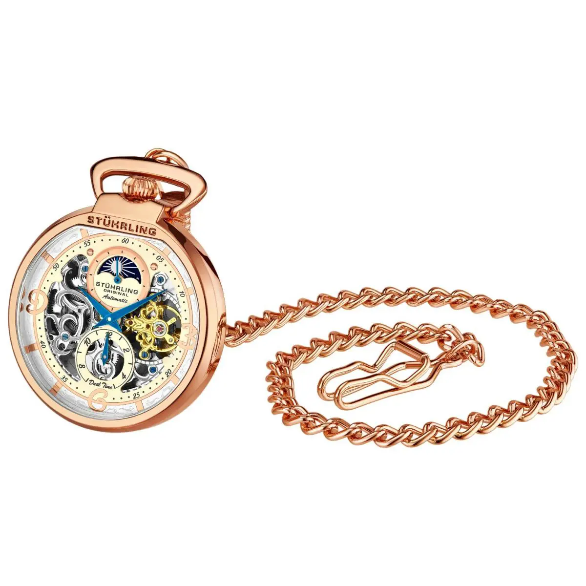 Stuhrling Men`s Pocket Watch Skeleton Dial Dual Time Am/pm Auto and Wind Movmnt - Dial: Gold, Band: Pink