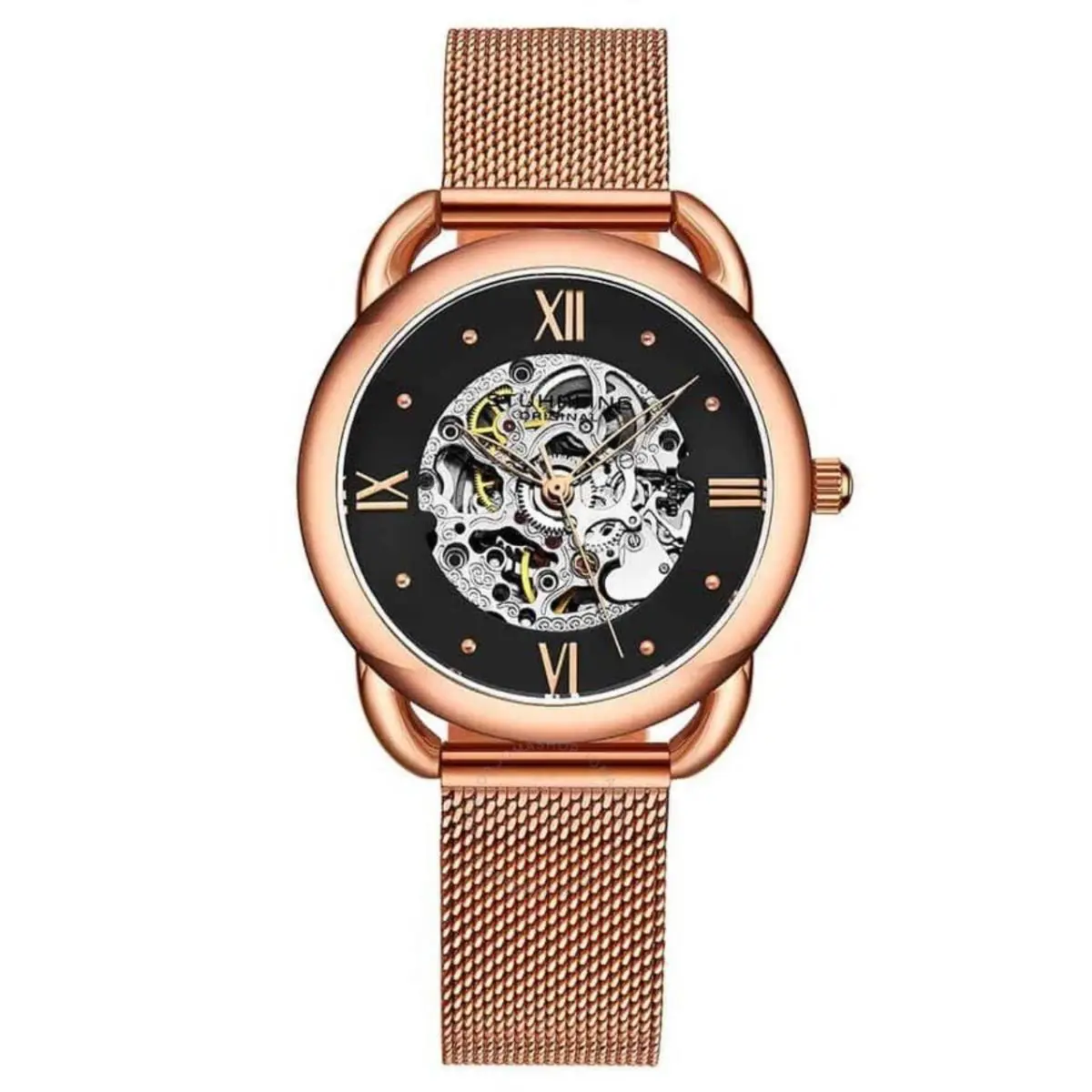 Stuhrling 3990M5 Automatic Skeletonized Dial Rose Gold Mesh Band Womens Watch