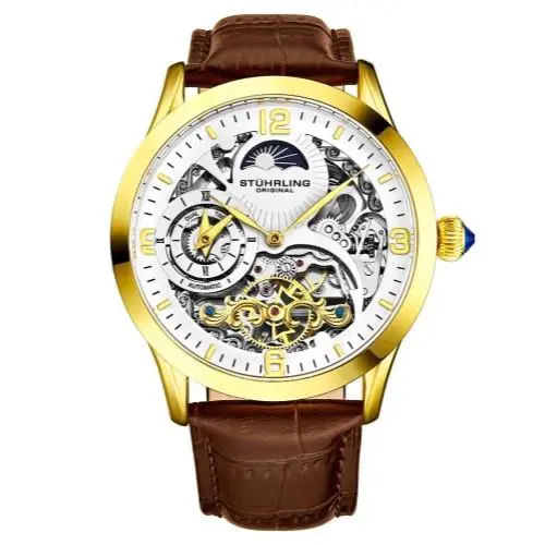 Stuhrling 3921 3 Legacy Automatic Skeleton Dual Time Brown Leather Mens Watch