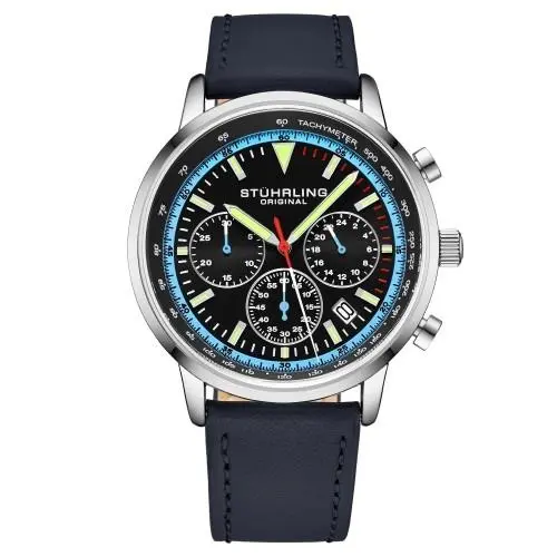Stuhrling 3986L 2 Muscle Movement Quartz Chronograph Blue Leather Mens Watch - Dial: Blue, Band: Blue