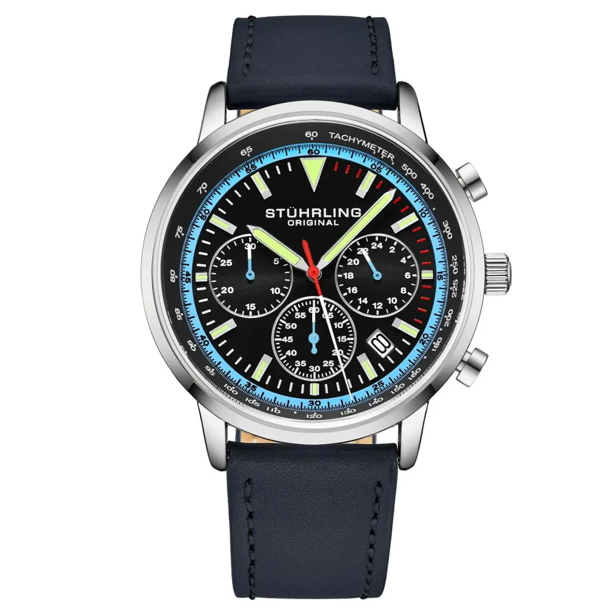 Stuhrling Muscle Movement Chronograph 9.5 mm Thin Leather Strap 44mm Men`s Watch - Dial: Black, Band: Blue