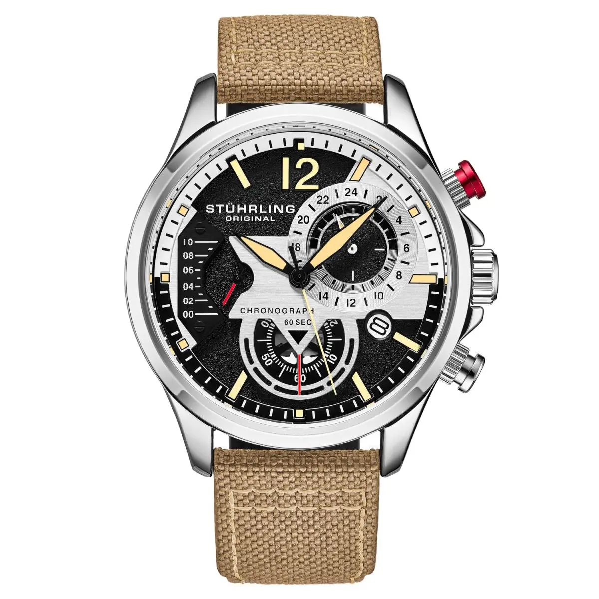 Stuhrling 4029 1 Aviator Quartz Chronograph Date Beige Leather Mens Watch