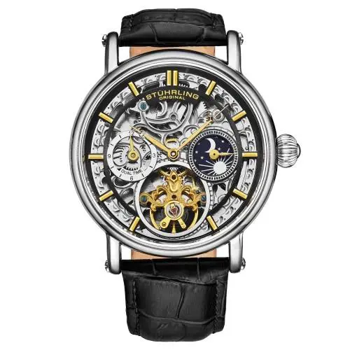 Stuhrling 4000 2 Legacy Automatic Dual Time Skeleton Am/pm Leather Mens Watch - Dial: Silver, Band: Black