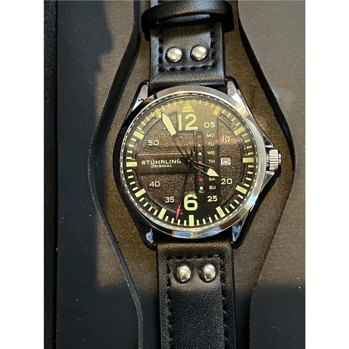 Stuhrling Aviator Day Date Black Leather Strap Mens Watch