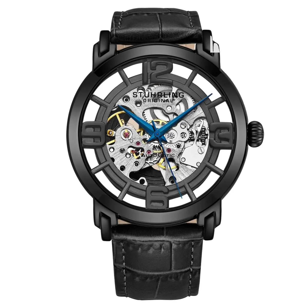 Stuhrling 3964L 3 Automatic Skeleton Black Leather Strap Mens Watch by Stührling