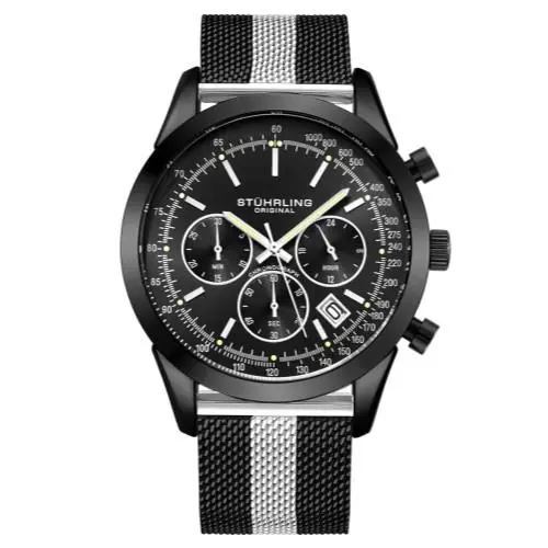 Stuhrling 3975 3 Preston Monaco Quartz Chronograph Date Black Dial Mens Watch - Dial: Black, Band: Black, Silver