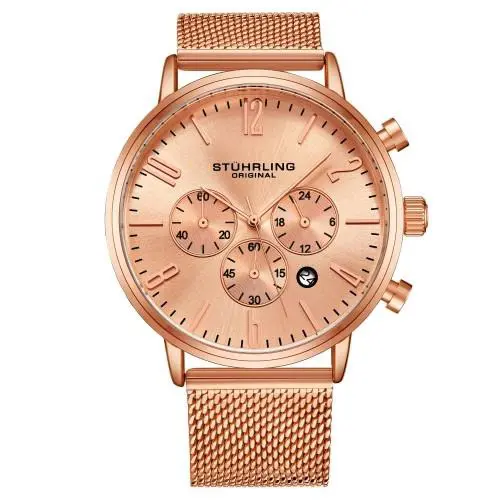 Stuhrling 3932 4 Monaco Date Chronograph Mesh Bracelet Mens Watch - Dial: Rose Gold, Band: Rose Gold
