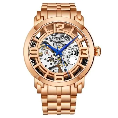 Stuhrling 3964 3 Automatic Skeleton Rose Gold Tone Bracelet Mens Watch