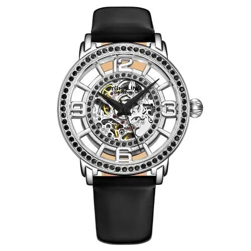 Stuhrling 777 04 Winchester Automatic Skeleton Black Leather Strap Womens Watch - Dial: Silver, Band: Black