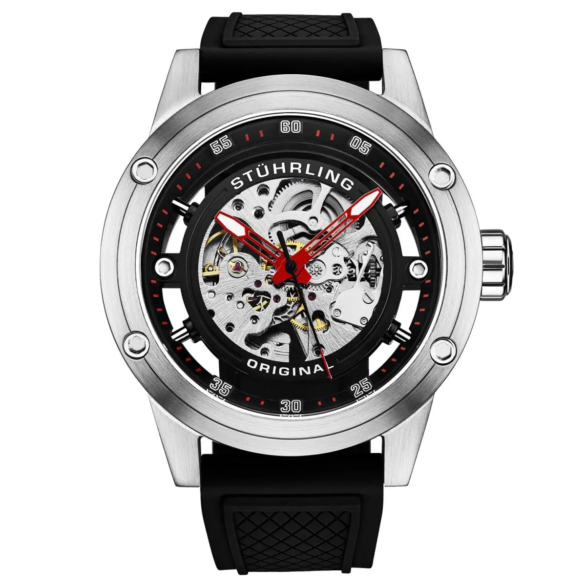 Stuhrling 4034 3 Automatic Skeleton Black Rubber Strap Mens Watch by Stührling