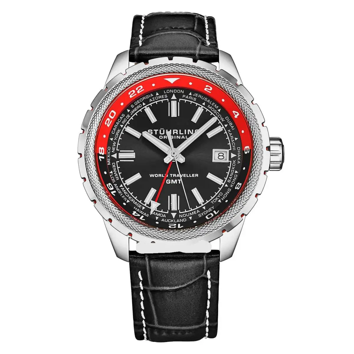 Stuhrling 1014 03 World Traveler Quartz Date Black Leather Mens Watch