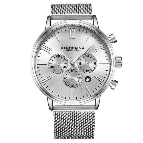 Stuhrling ST Hrling Men Monaco Chronograph 41mm Sporty Watch Stainless Steel - Dial: Silver, Band: Silver, Bezel: Silver