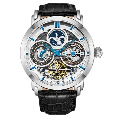Stuhrling 371A 01 Luciano Automatic Skeleton Dual Time Am/pm Leather Mens Watch
