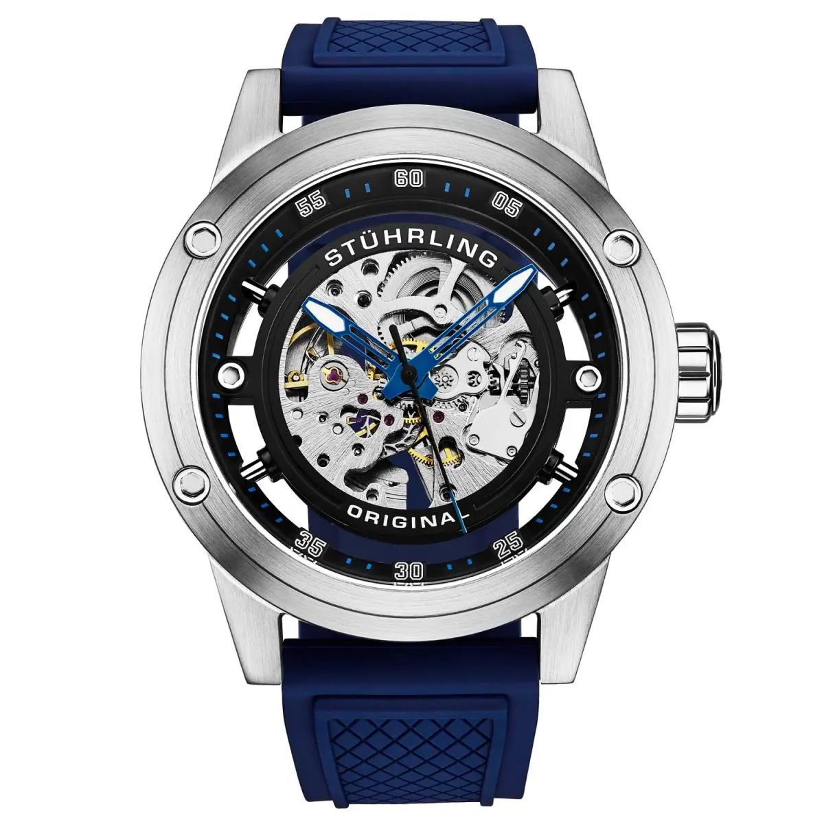 Stuhrling 4034 4 Automatic Skeleton Black Rubber Strap Mens Watch