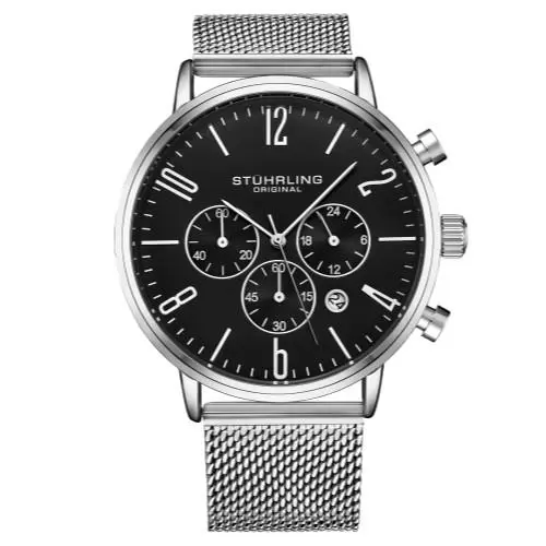 Stuhrling 3932 1 Monaco Date Chronograph Mesh Bracelet Mens Watch - Dial: Silver, Band: Silver