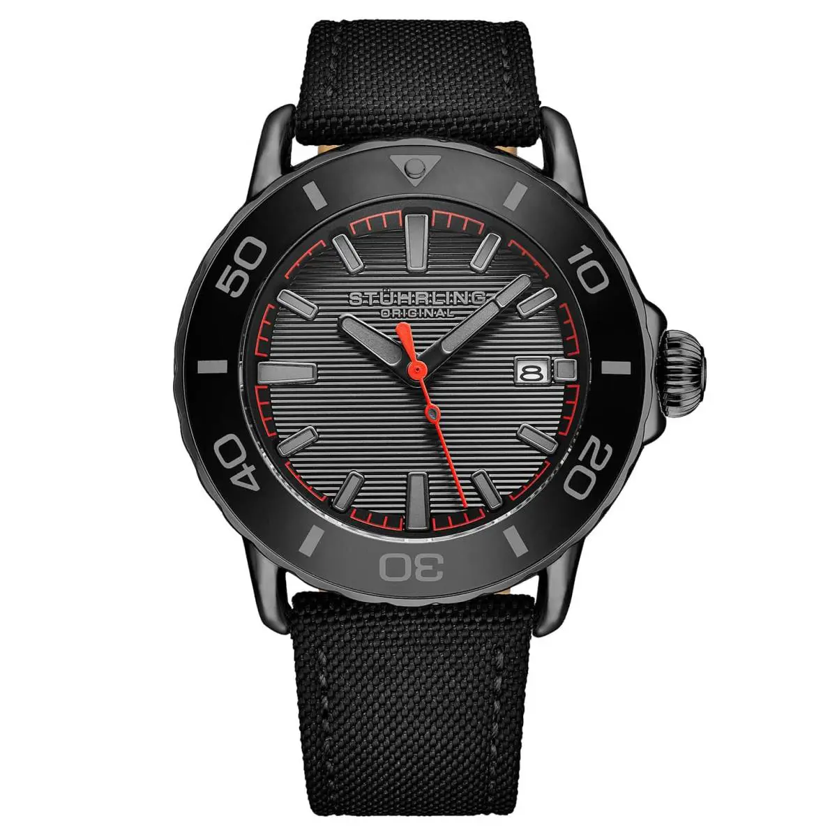 Stuhrling 4049 3 Voyager Quartz Date Black Nylon Strap Mens Watch