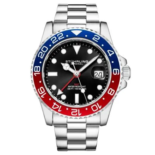 Stuhrling 3965 2 Aquadiver Quartz Gmt Date Stainless Steel Mens Watch