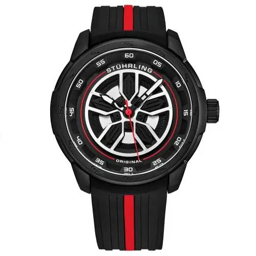 Stuhrling 984 01 Aviator Quartz Black Red Silicone Strap Mens Watch