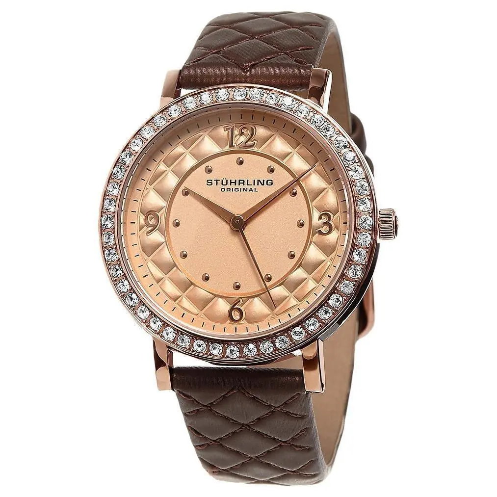 Stuhrling Original Audrey 786 02 Crystal Accented Leather Strap Womens Watch - Dial: Rose-tone, Band: Brown