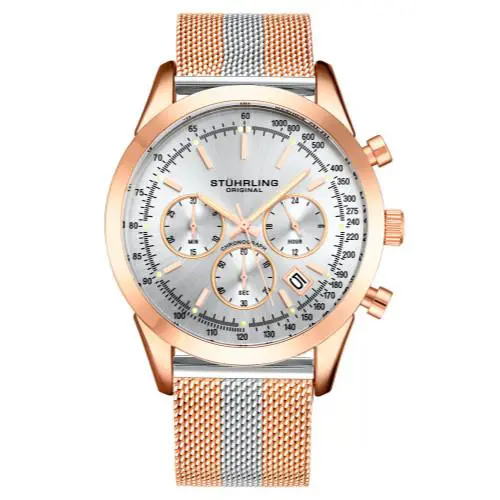 Stuhrling 3975 5 Preston Monaco Quartz Chronograph Date Two Tone Mens Watch - Dial: Silver, Band: Rose Gold, Silver