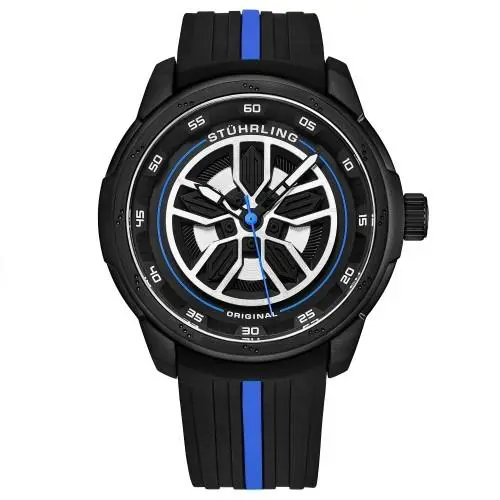 Stuhrling 984 03 Aviator Quartz Black Blue Silicone Strap Mens Watch by Stührling