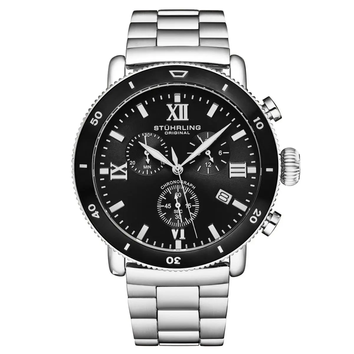 Stuhrling 4040 3 Dualmode Quartz Chronograph Date Black Dial Mens Watch
