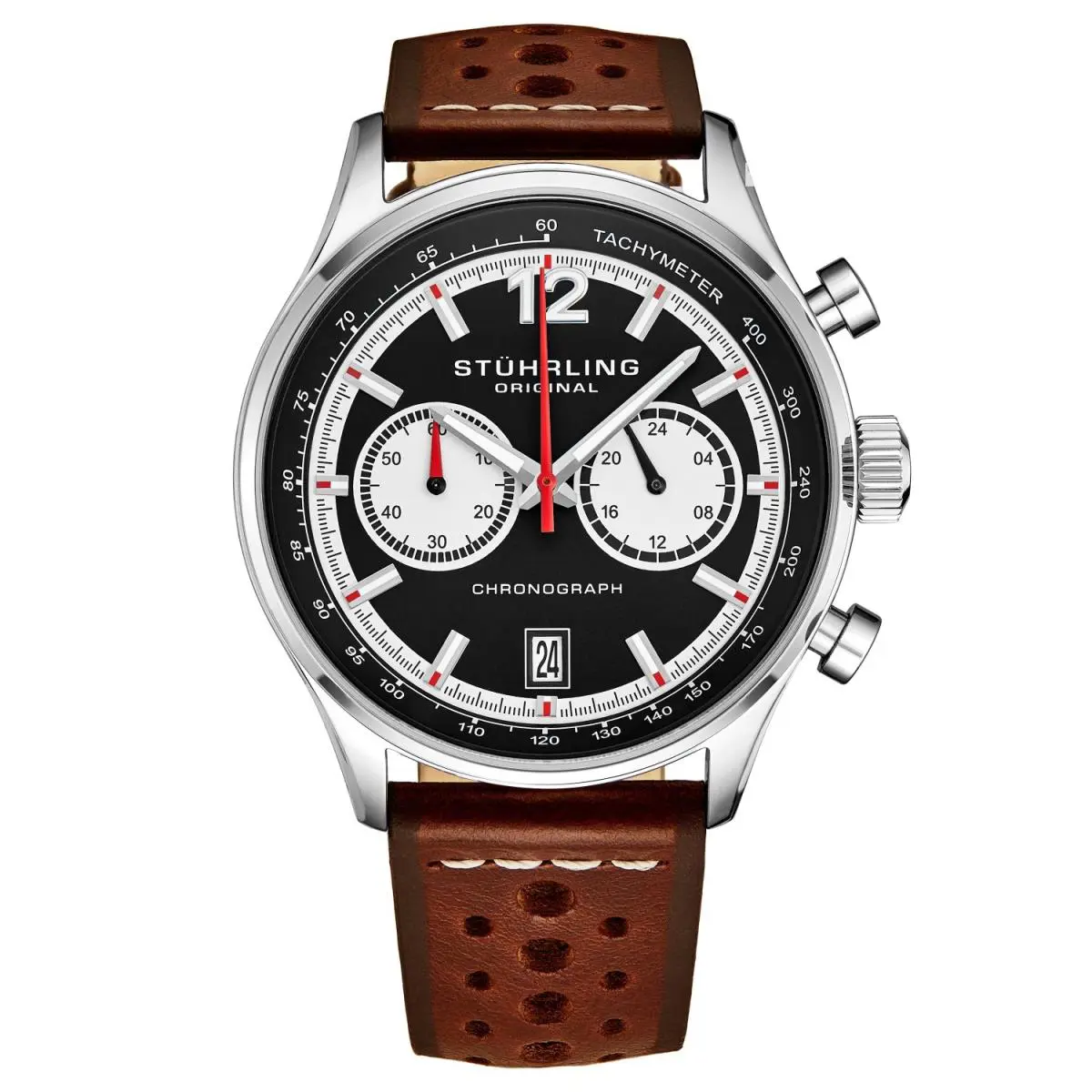 Stuhrling 933 01 Tachymeter Date Brown Leather Strap Quartz Mens Watch