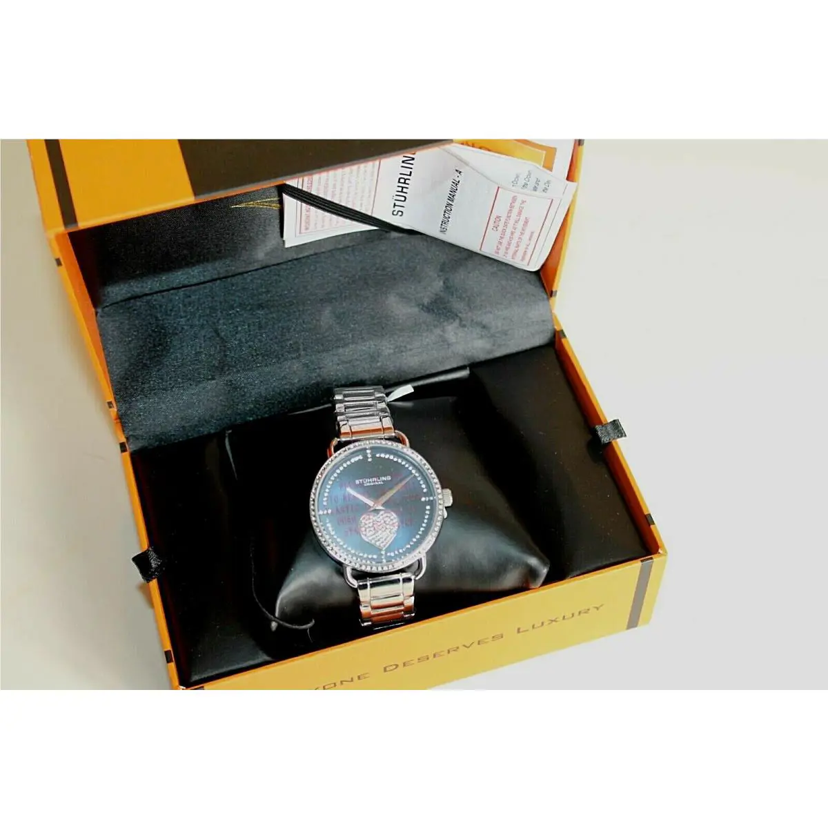 Stuhrling Women`s Valentina Crystal Heart Watch Black Dial Women`s