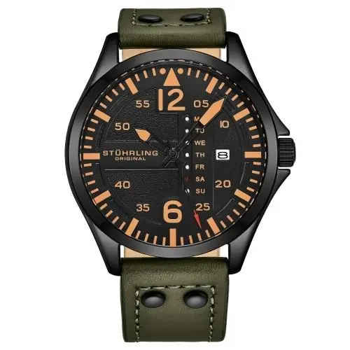 Stuhrling 3916 3 Aviator Day Date Green Leather Strap Mens Watch