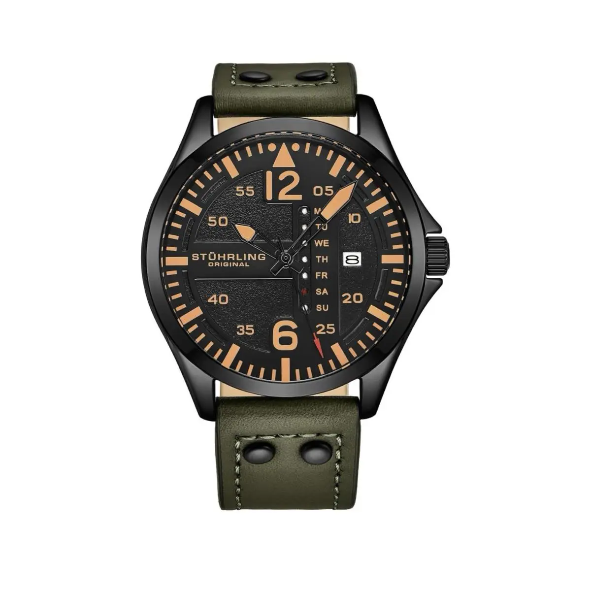 Stuhrling 3916 3 Aviator Day Date Green Leather Strap Mens Watch