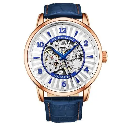 Stuhrling 3973 4 Legacy Automatic Skeleton Blue Leather Strap Mens Watch by Stührling