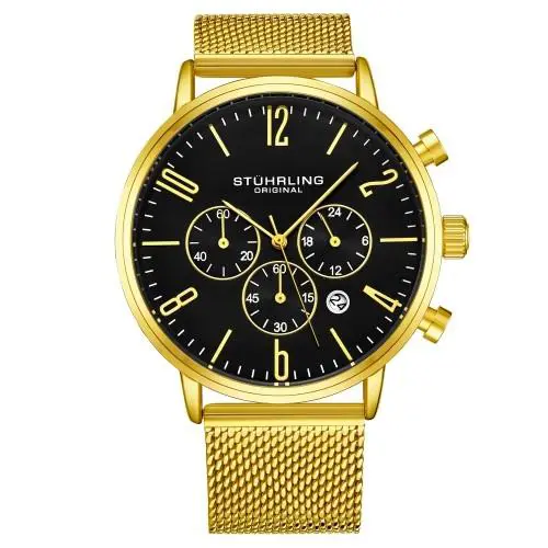 Stuhrling 3932 3 Monaco Date Black Dial Chronograph Mesh Bracelet Mens Watch