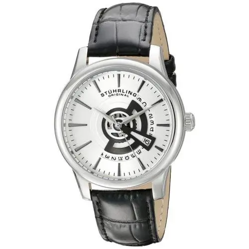 Stuhrling 787 01 787.01 Symphony Quartz Black Leather Strap Date Mens Watch - Black, Quartz