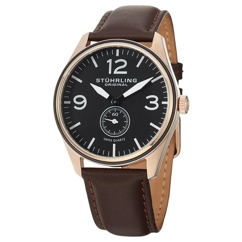 Stuhrling Original 931 03 Aviator Quartz Brown Leather Strap Mens Watch - Brown, Quartz