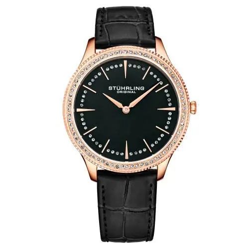 Stuhrling 3985 4 Symphony Crystal Accented Black Leather Womens Watch