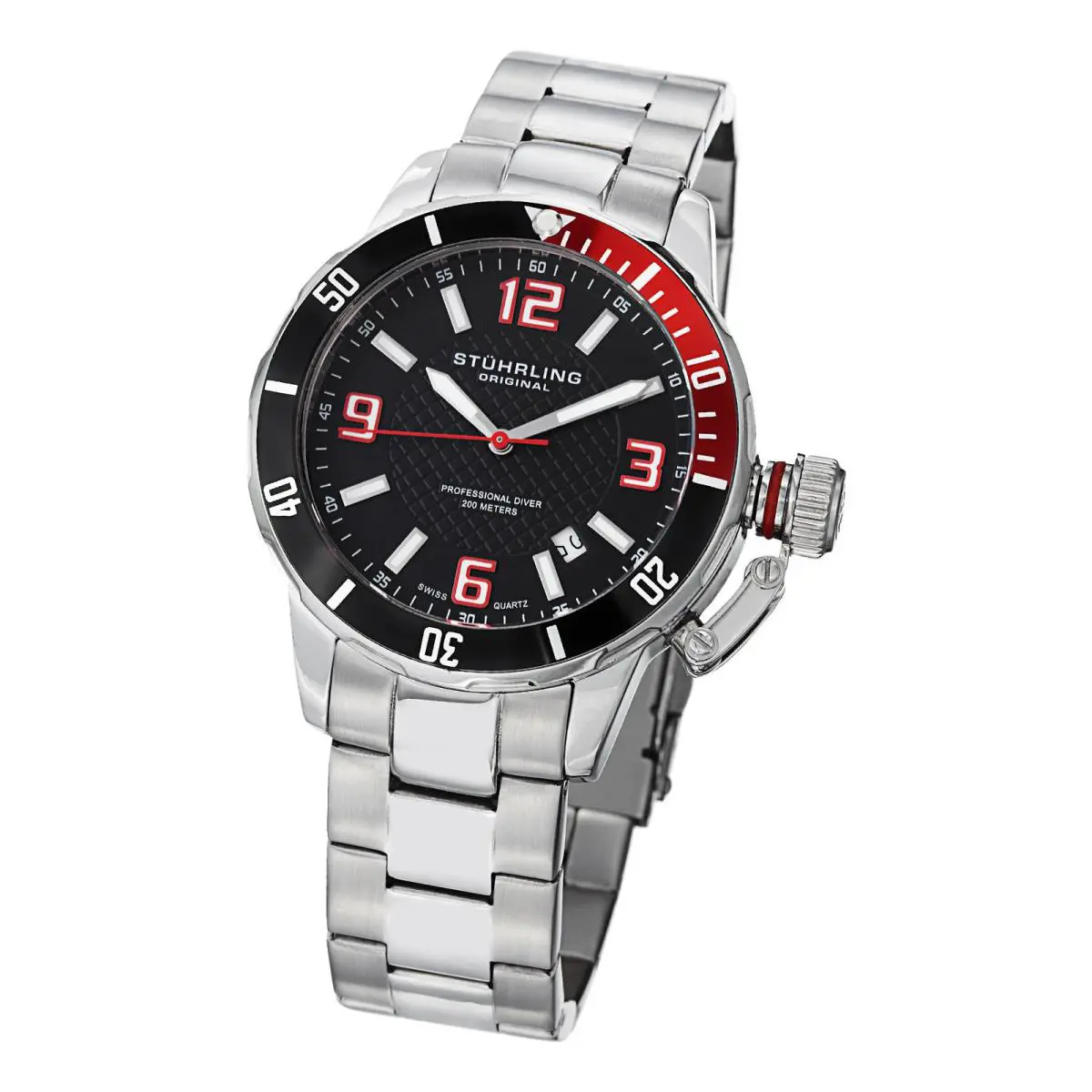 Stuhrling 676 01 Aquadiver Quartz Black Dial Stainless Steel Pro Diver Mens Watc by Stührling