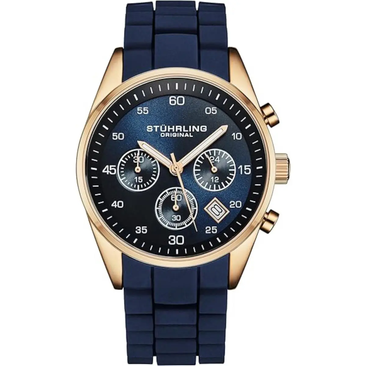 Stuhrling 4057 3 Quartz Chronograph Date Blue Silicone Strap Mens Watch