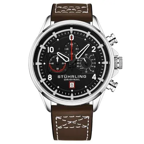 Stuhrling 929 02 Chronograph Date Quartz Brown Leather Strap Mens Watch