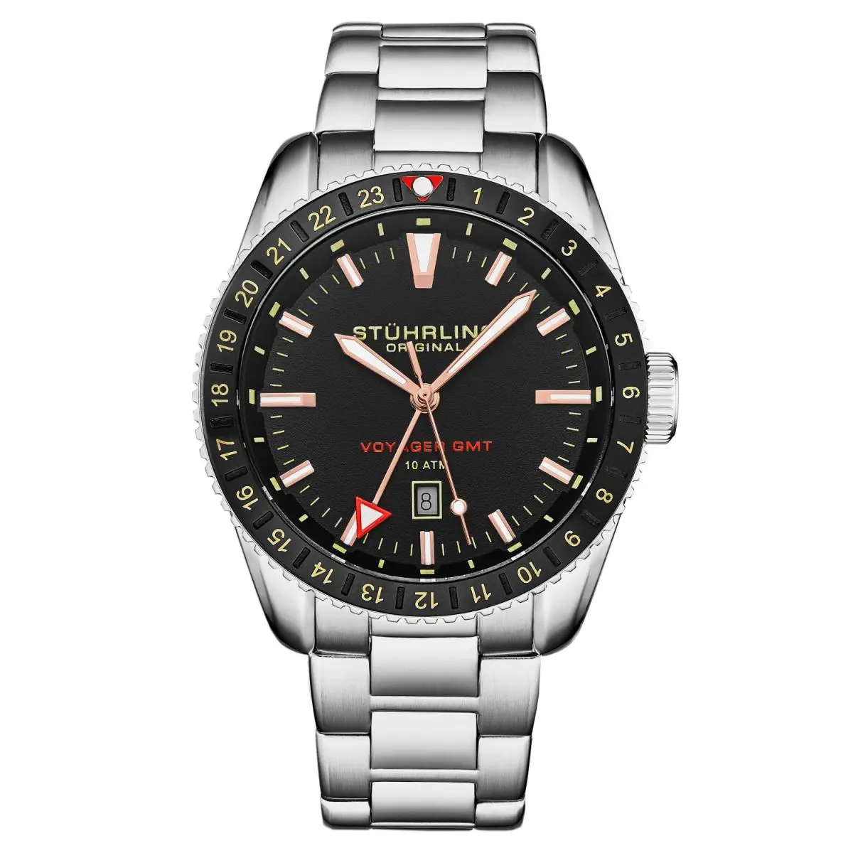 Stuhrling 4017 1 Voyager Gmt Diver Date Black Mens Watch - Dial: Black, Band: Silver, Bezel: Black