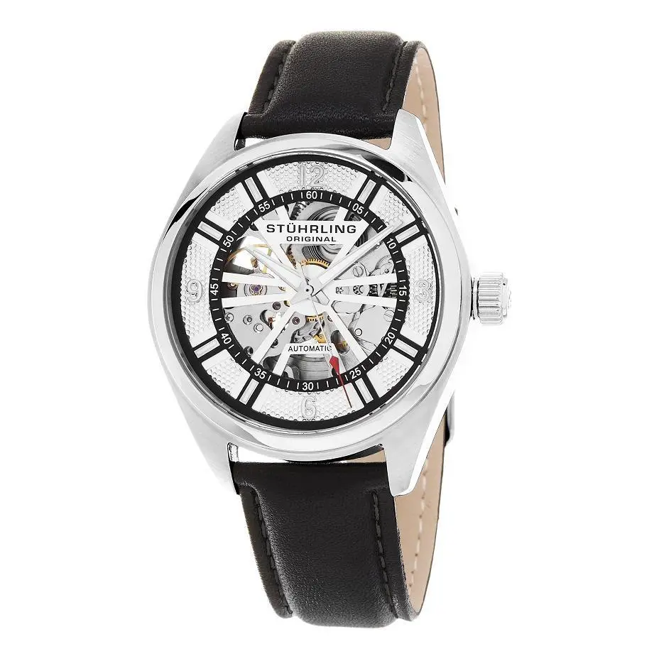 Stuhrling 598.01 598 01 Turbine Automatic Skeleton Black Leather Mens Watch