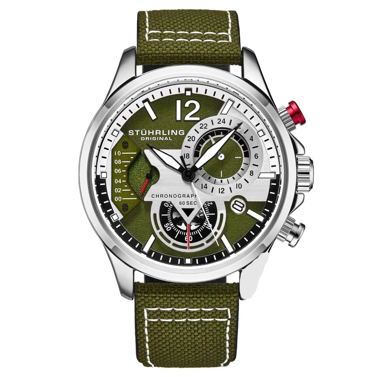 Stuhrling 4029 3 Aviator Quartz Chronograph Date Green Leather Mens Watch