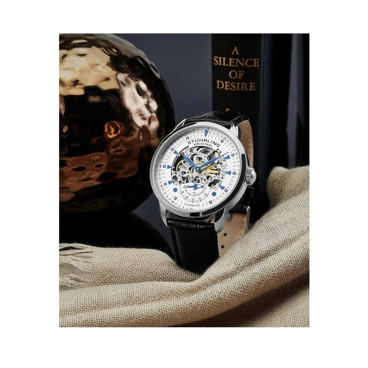 Stuhrling Original Mens Skeleton Automatic Dress Watch with Alligator - White, Dial: White, Band: Black