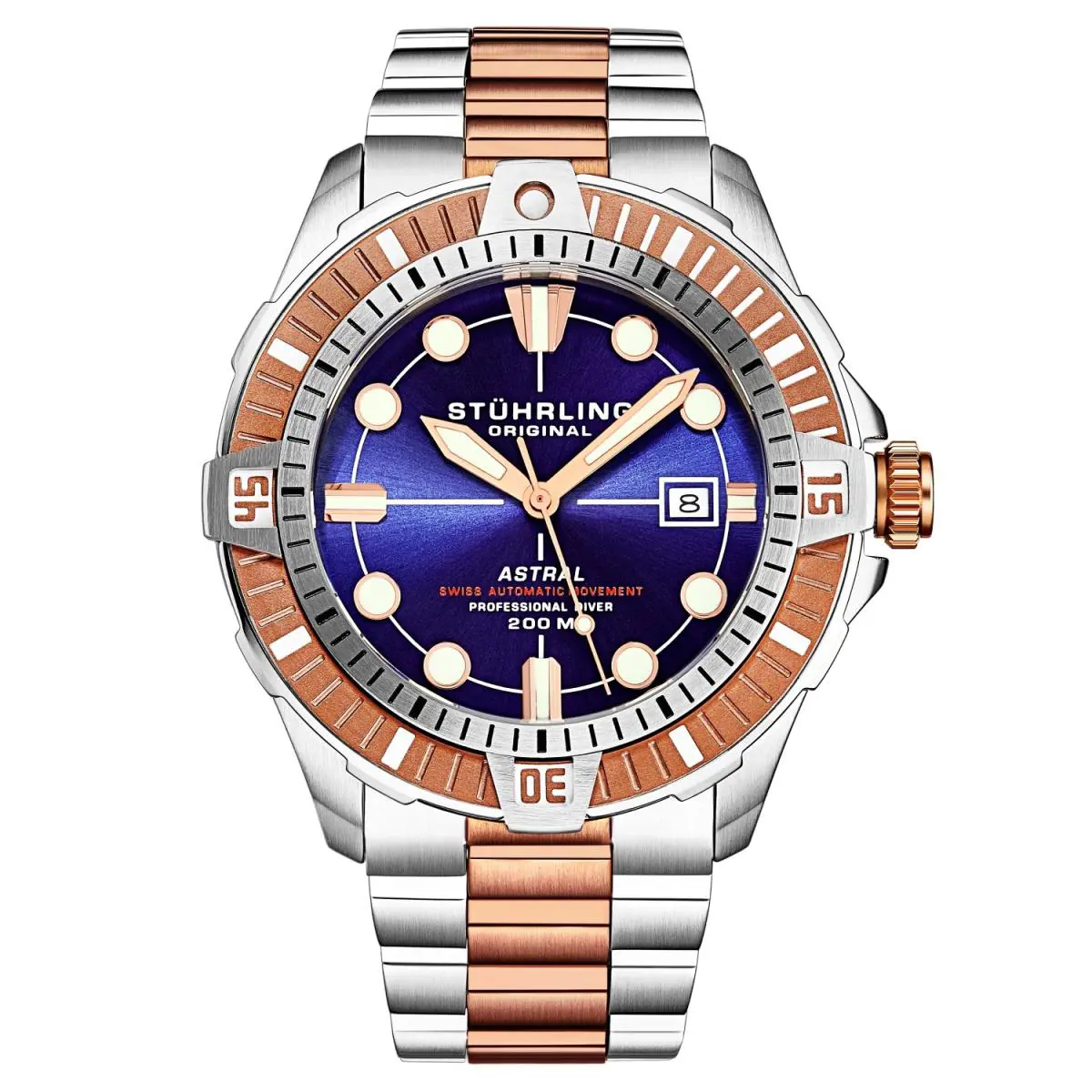 Stuhrling 1005 04 Astral Automatic Date Blue Stainless Steel Mens Watch - Dial: Blue, Band: Silver, Rose Gold, Bezel: Rose Gold