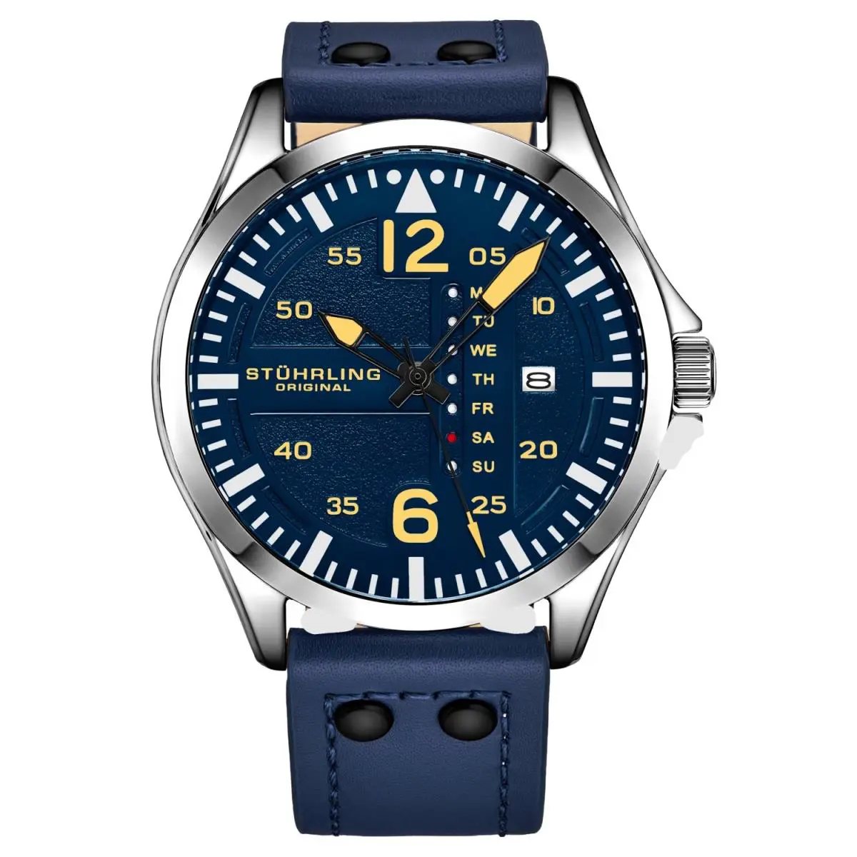 Stuhrling 3916 4 Aviator Day Date Blue Leather Strap Mens Watch - Band: Blue, Bezel: Silver