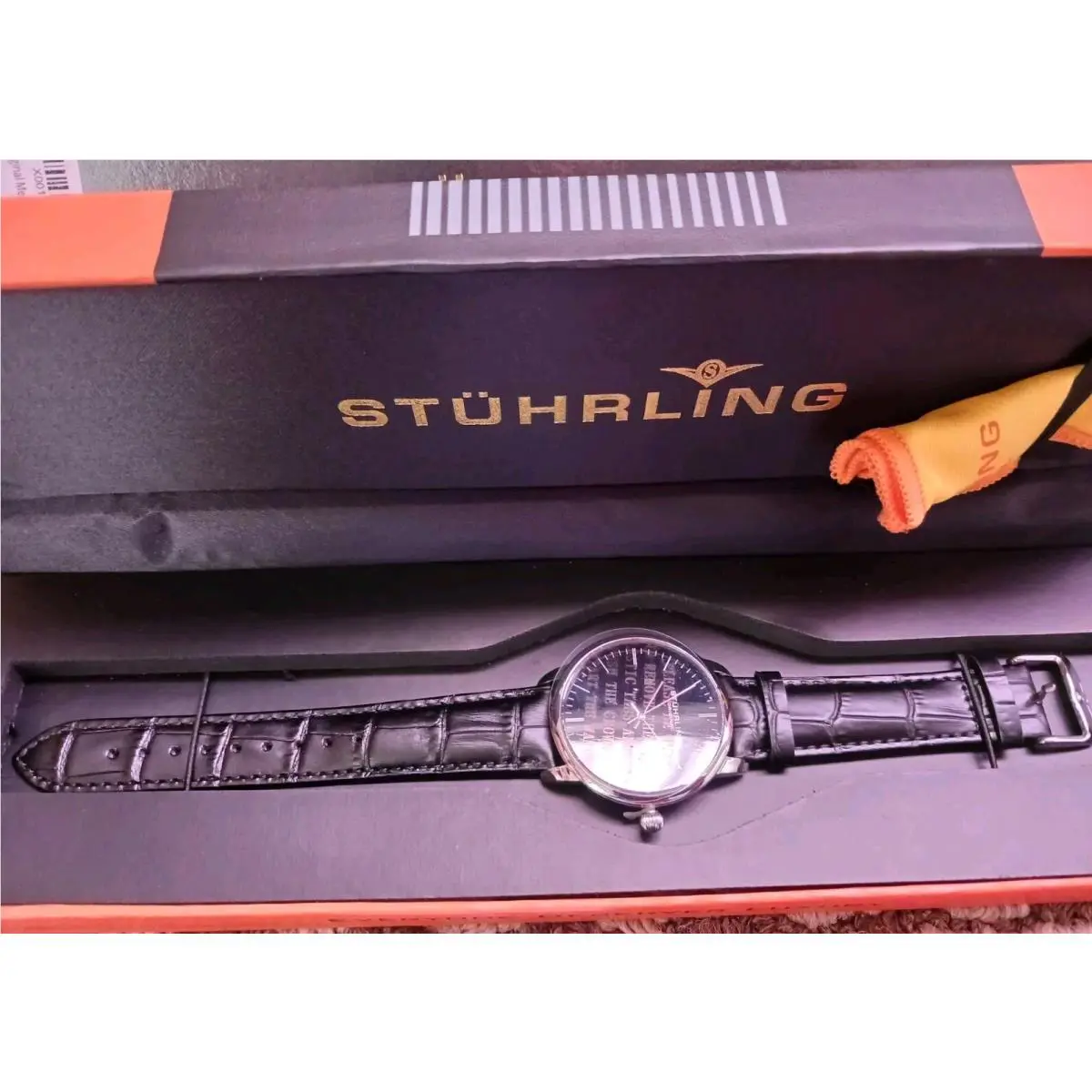 Stuhrling Original Mens Black Watch Calfskin Leather Strap Classic Dress Wrist