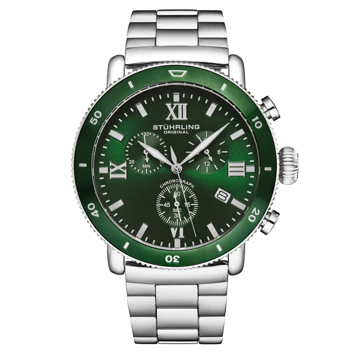 Stuhrling 4040 4 Dualmode Quartz Chronograph Date Green Dial Mens Watch