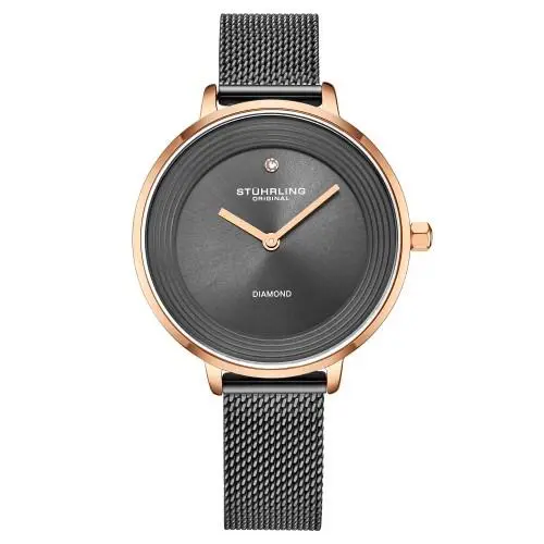 Stuhrling 3946 4 Diamond Accent Mesh Grey Stainless Steel Bracelet Womens Watch
